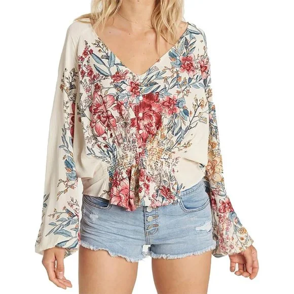 Billabong Top Small Play Day Blouse Floral Pink Ivory Long Sleeve Women's - Picture 1 of 14